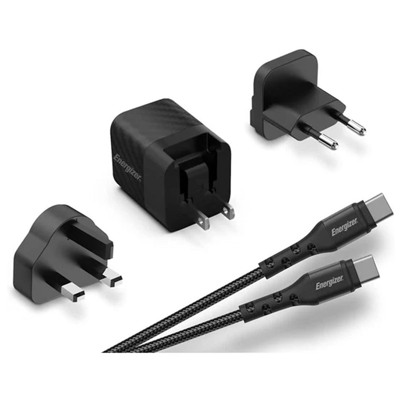 Energizer Ultimate 38W PD/QC Wall Charger with Universal Plug, Dual Output, USB-C to USB-C Braided Cable - Black