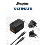 Energizer Ultimate 38W PD/QC Wall Charger with Universal Plug, Dual Output, USB-C to USB-C Braided Cable - Black