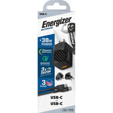 Energizer Ultimate 38W PD/QC Wall Charger with Universal Plug, Dual Output, USB-C to USB-C Braided Cable - Black