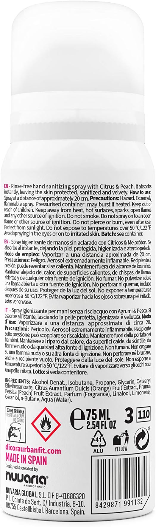 Dicora Spray Actibacteriano Sanitizer Urban fit Citrus & Peach - 75 ml