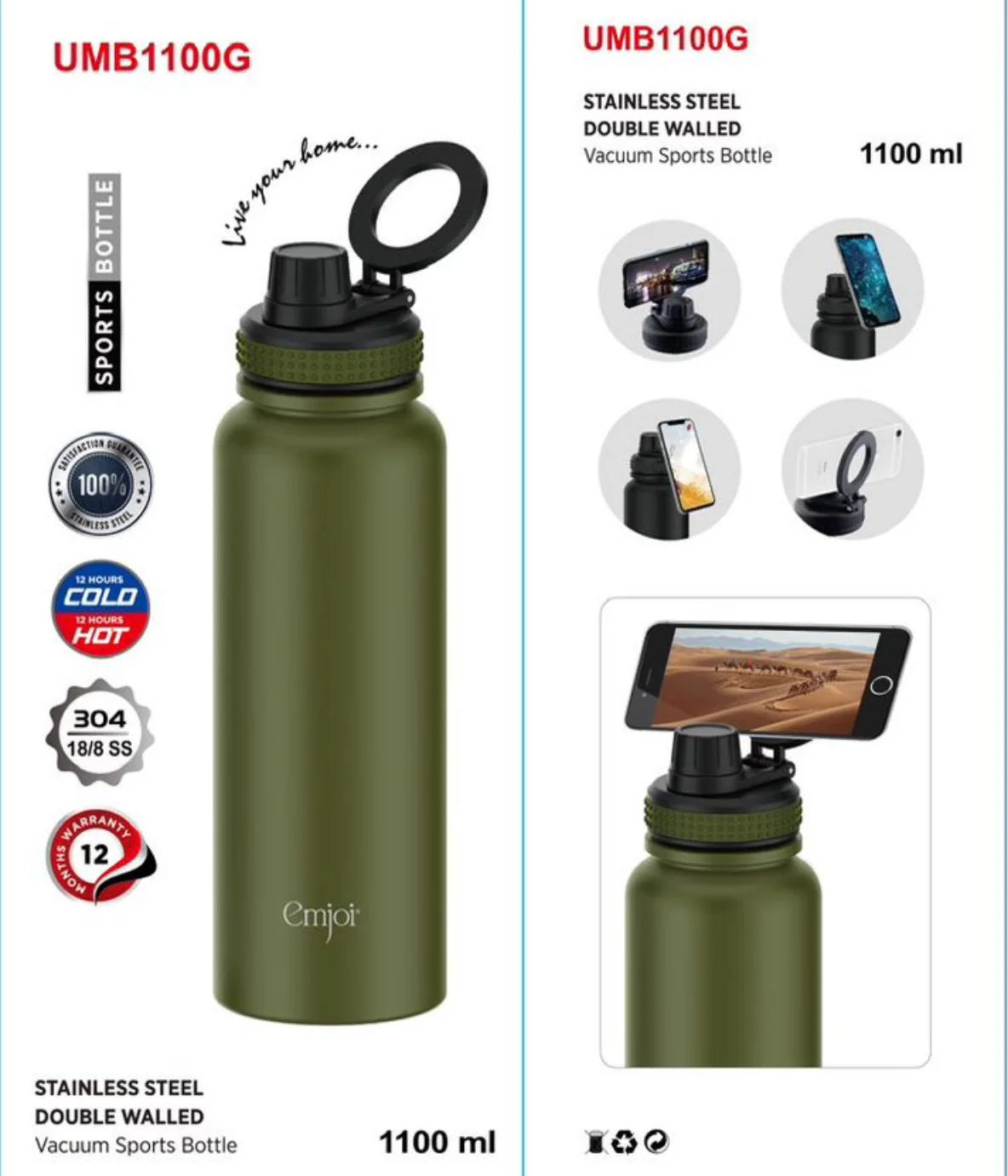 Emjoi MagSafe Stainless Steel Sport Bottle With MagSafe 900 ml - Green