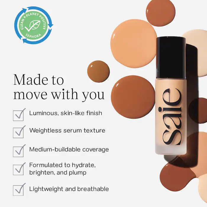 Saie Glowy Super Skin Tint Foundation with Hyaluronic Acid - 22 Medium/Tan Olive Undertones